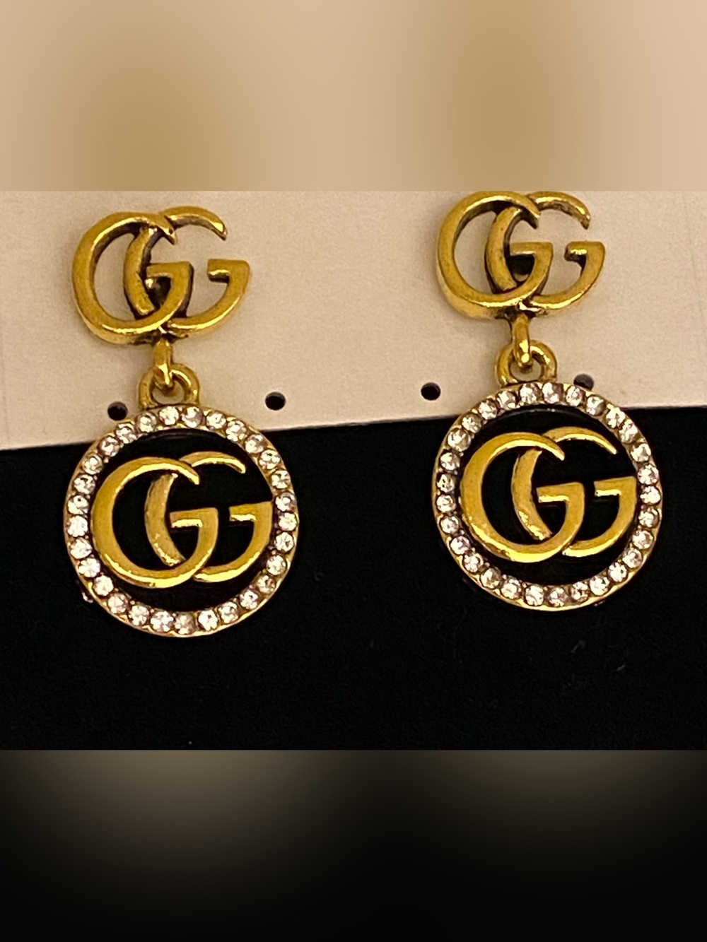 Fashion Jewelry Gold-Tone Double G Drop Earrings with Crystal Border